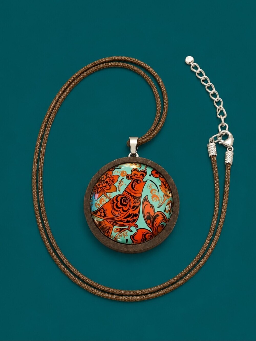 Floral Quail Bird Cabochon Wood Pendant Rope Necklace
